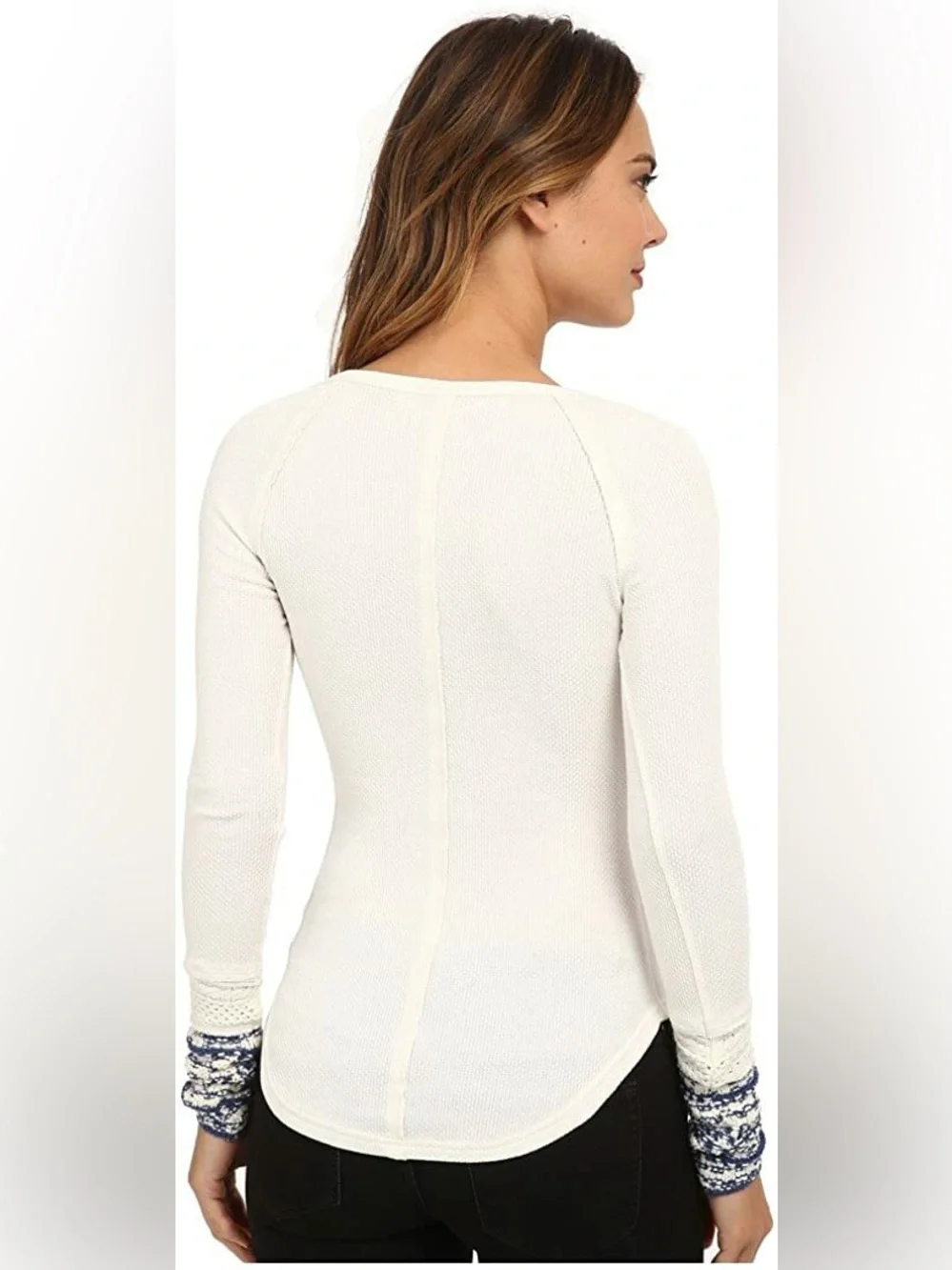 Free People Ivory Waffle Knit/Blue Cuff Henley